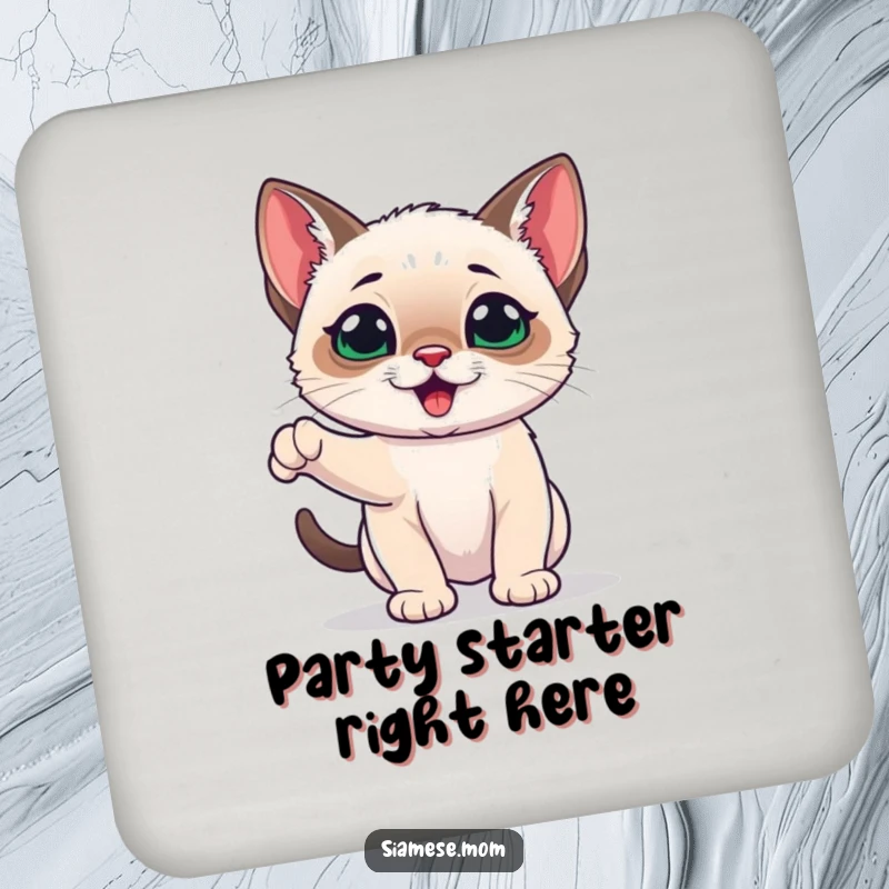 Funny Siamese Kitten Coaster featuring a playful and energetic kawaii cat, protecting surfaces with a splash of fun.