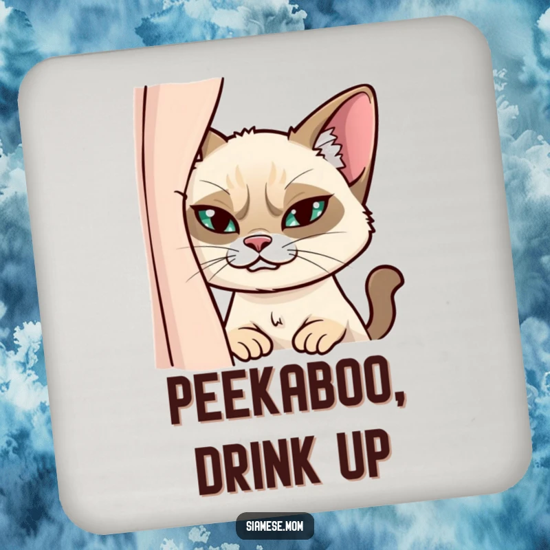 Funny Siamese Cat Coasters: Set of 4 depicting a mischievous cat peeking from behind a curtain with a sly grin.