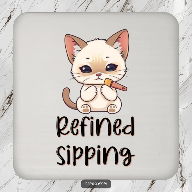 Funny Kawaii Siamese cat drink coasters featuring a cat meticulously grooming its fur with a tiny brush, protecting furniture.