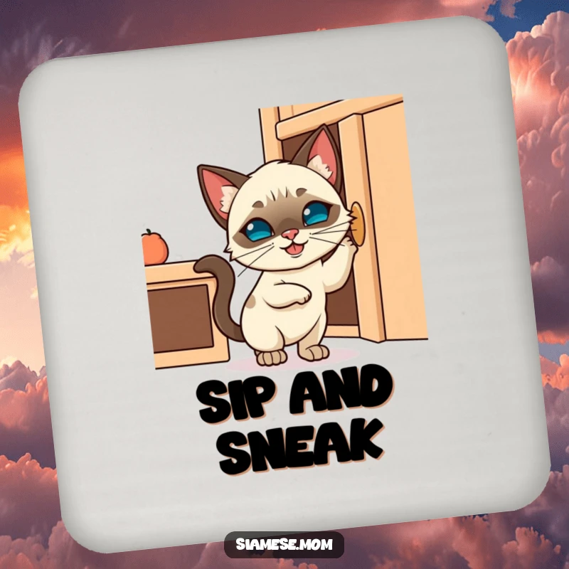 Funny drink coaster featuring a Kawaii Siamese cat with a mischievous grin trying to open a cabinet, offering protection with humor.