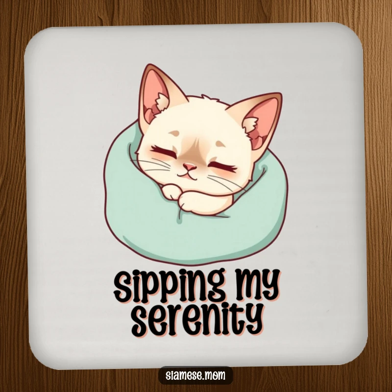 Funny Kawaii Siamese Cat Coaster Purring Contentedly Nestled Cozy Blanket, Comfy Humorous Accessory