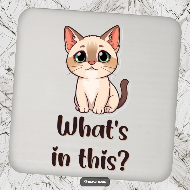 Funny drink coasters featuring a kawaii Siamese cat with a questioning head tilt, adding cute and thoughtful flair.