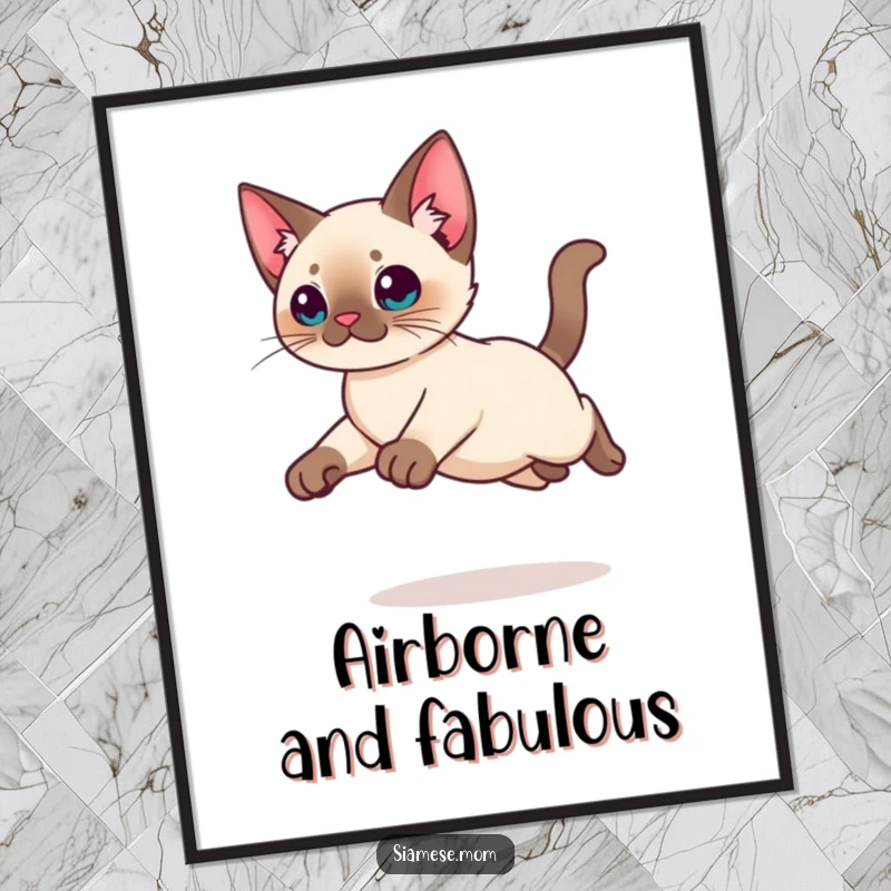 Funny Kawaii Siamese cat poster showcasing a graceful leap with tucked legs, offering humorous and charming wall art.