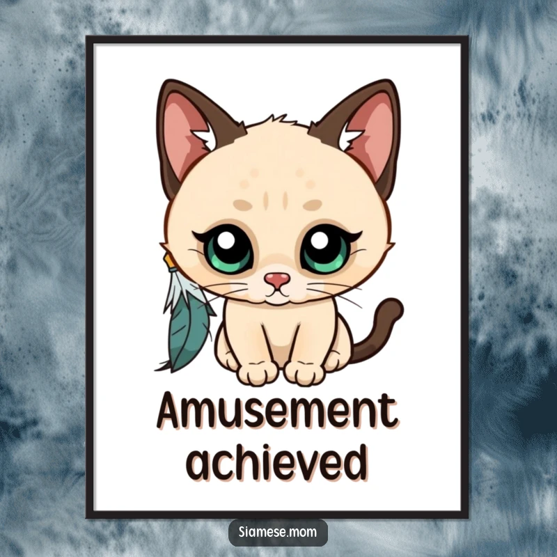 Funny Kawaii Siamese cat poster, wide-eyed and curious, batting at a dangling feather, a piece of charming and humorous feline artwork.