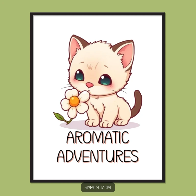 Funny Wall Art: Kawaii Siamese Kitten's Flower Sniffing Delight Poster