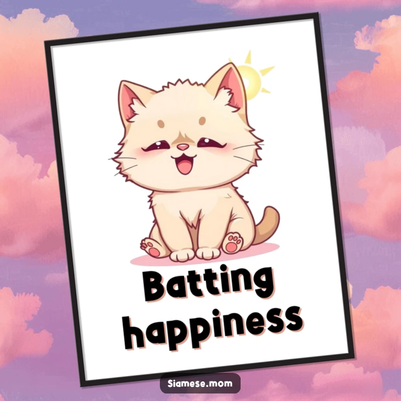Funny poster art of a fluffy Kawaii Siamese cat playfully batting at a sunbeam, perfect for adding a cheerful and lighthearted touch.