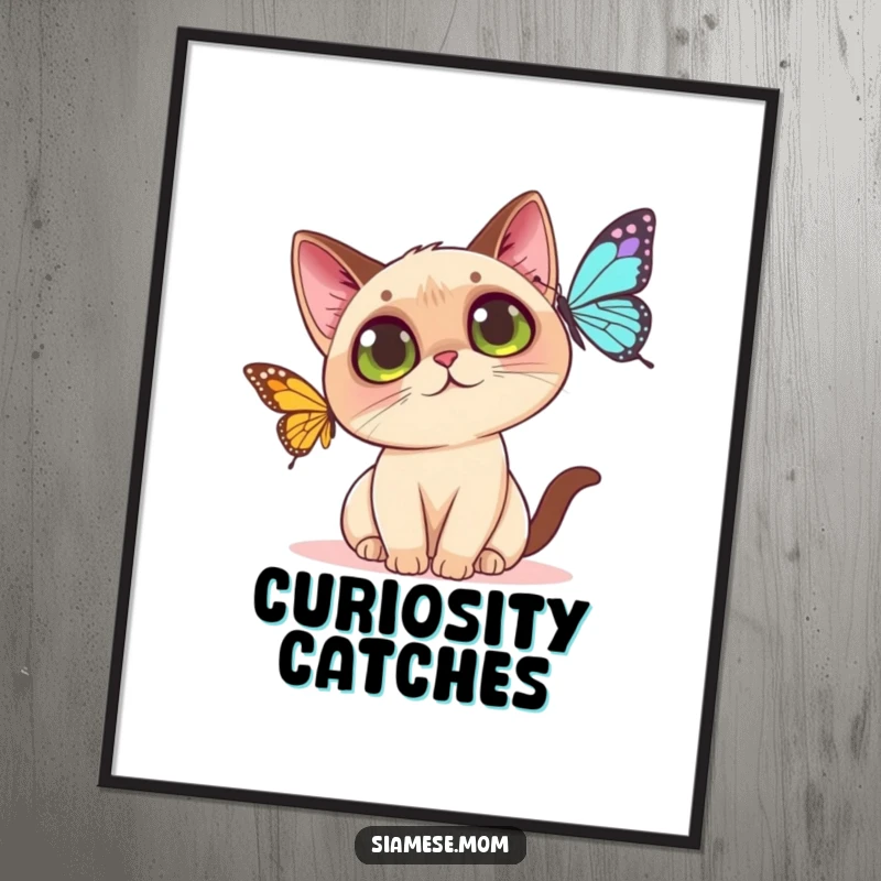 Funny Kawaii Siamese cat poster depicting a curious, big-eyed cat reaching for a butterfly, adding joy to any space.