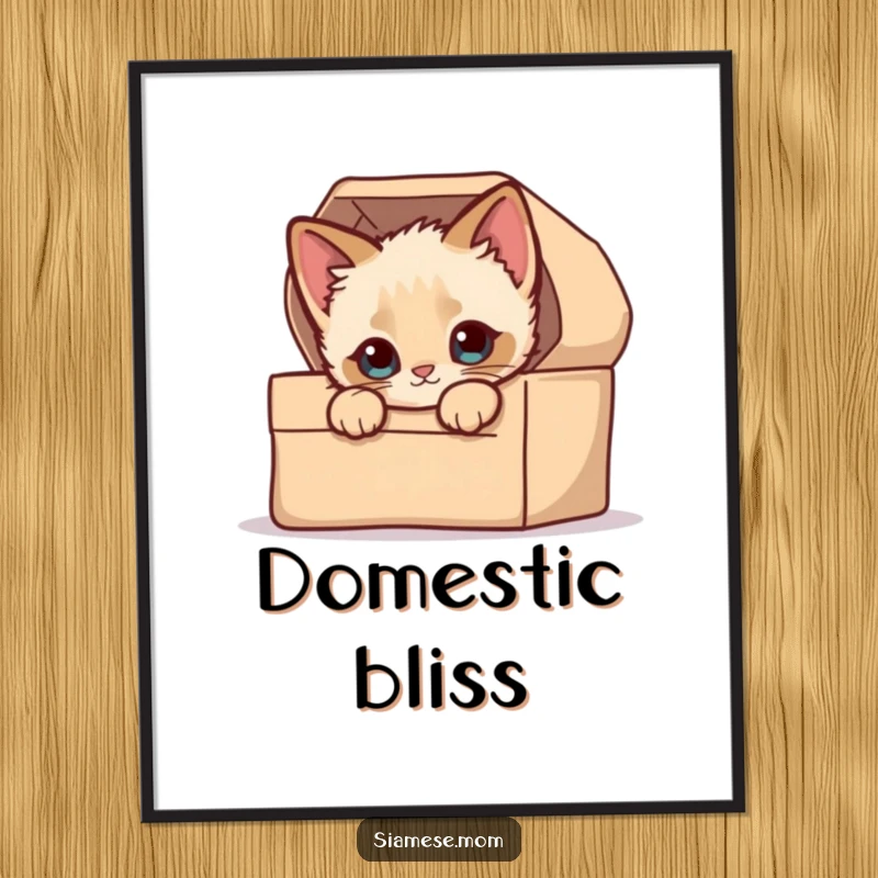 Funny Poster: An illustration of a kawaii Siamese kitten with playful eyes peeking out from a snug, decorated box.