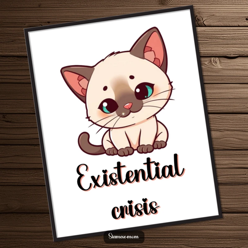 Funny Kawaii Siamese cat poster, quizzical head tilt, intensely watching a red laser dot, a humorous and endearing feline artwork.