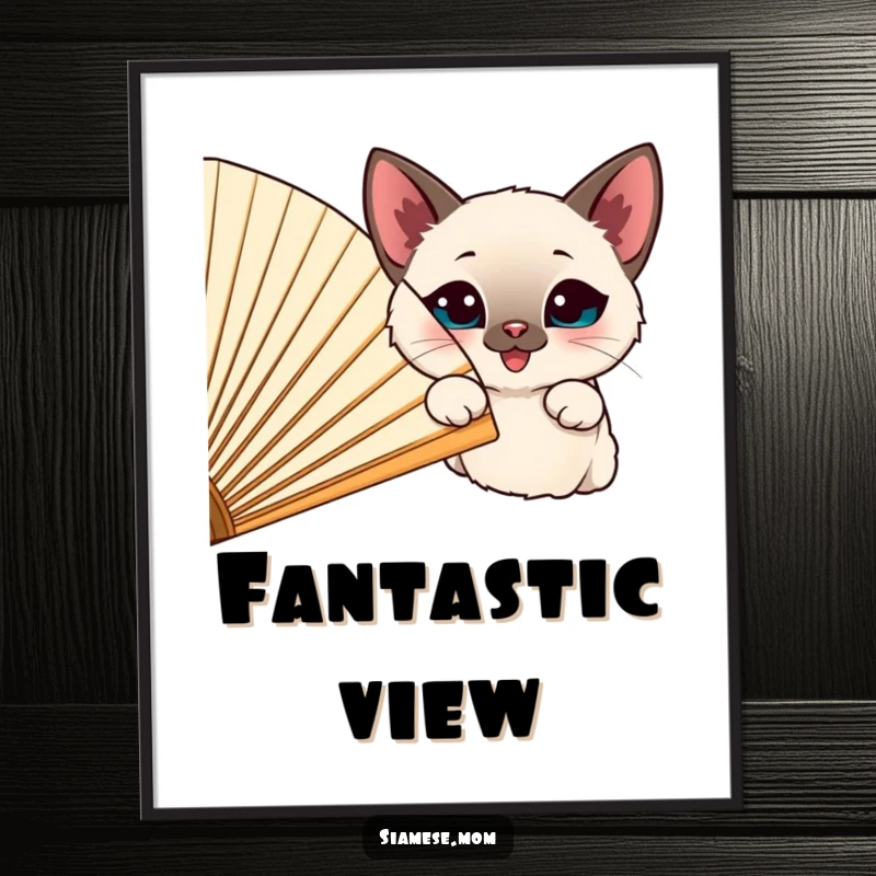 Funny happy Siamese cat peeking from behind a large, cheerful fan, presented as delightful wall art.