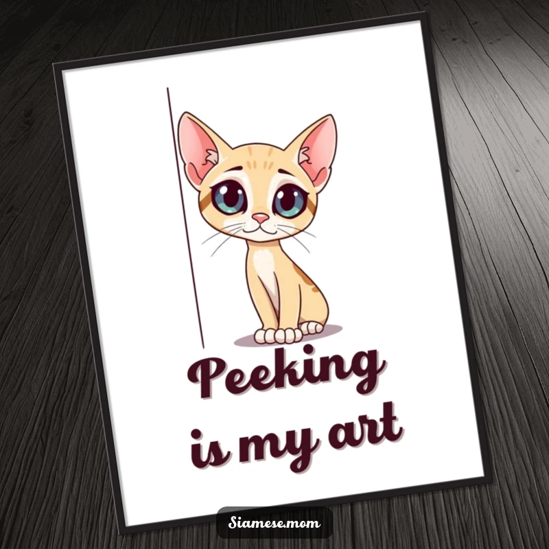 Funny slender cat poster, with big curious eyes, peeking around a corner, perfect for charming wall decor, a wonderful funny gift.