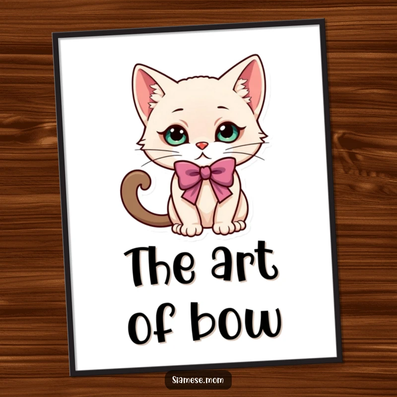 Funny kawaii Siamese cat character performing a cute, elegant, and playful bow, presented as charming wall art.