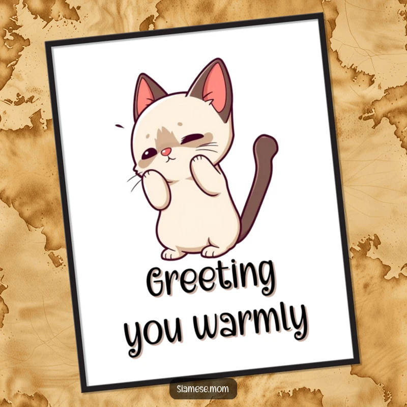 Funny poster showcasing a kawaii Siamese cat in a cute, playful greeting pose, perfect for whimsical cat-themed wall decor.