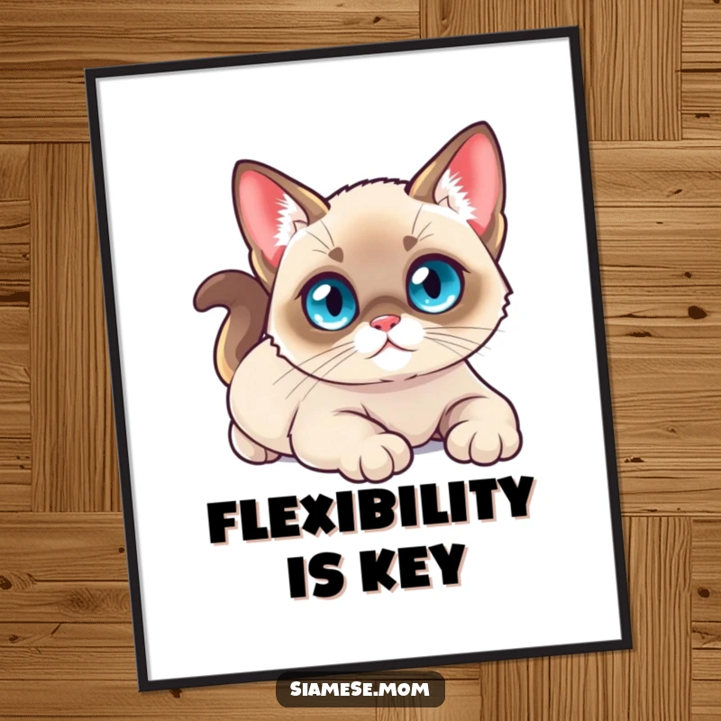 Funny poster of a small kawaii Siamese cat with bright blue eyes, stretching luxuriously, exuding calm elegance.