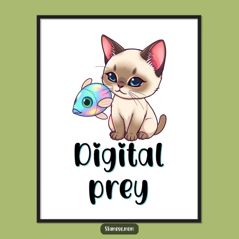 Funny Siamese Cat Art Print - Holographic Fish - Elegant Wall Decor Funny Gift