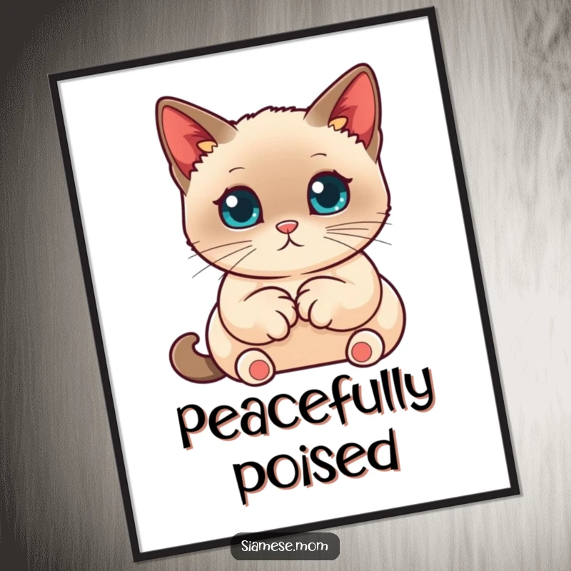 Funny Siamese Cat Poster, cute kawaii cat with paws tucked neatly, minimalist and funny wall art.