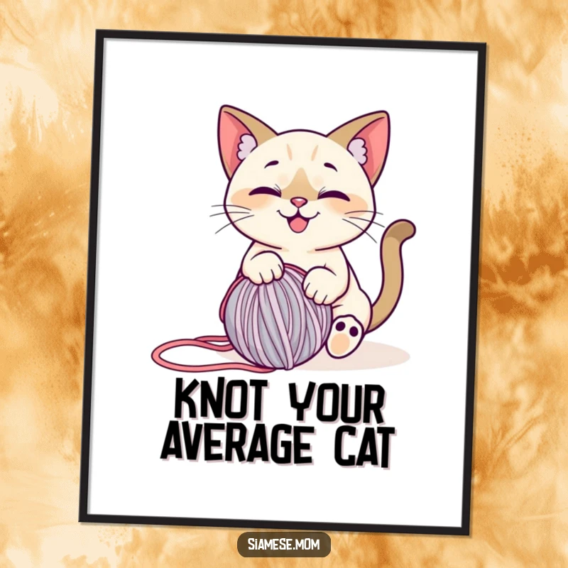 Funny Siamese Cat Poster: Artistic depiction of a stylized, smiling cat joyfully playing with a rolling ball of yarn.