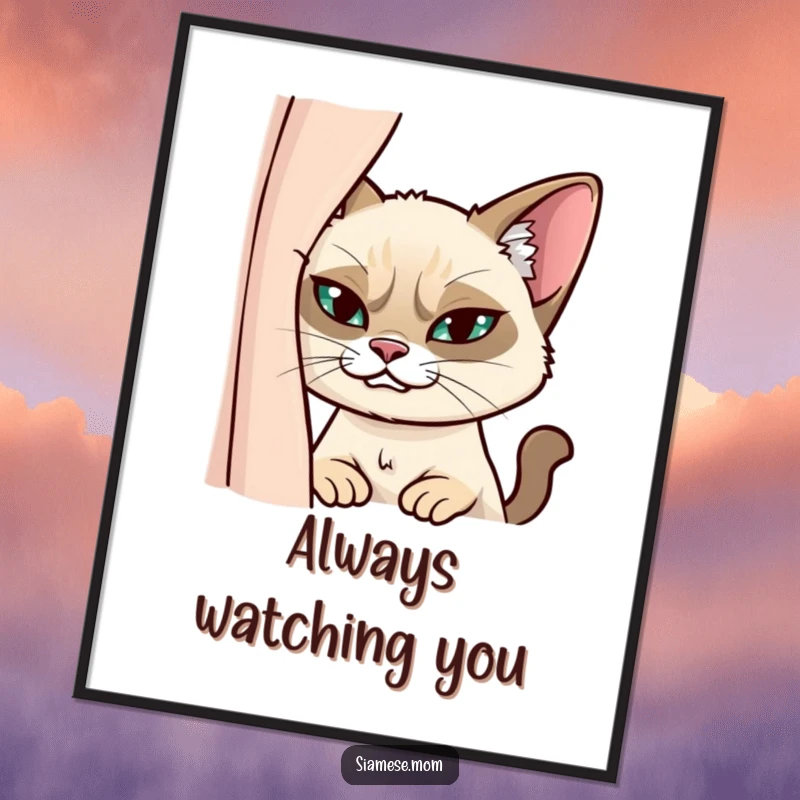Funny Siamese Cat Poster: Artistic depiction of a mischievous cat peeking from behind a curtain with a sly grin.