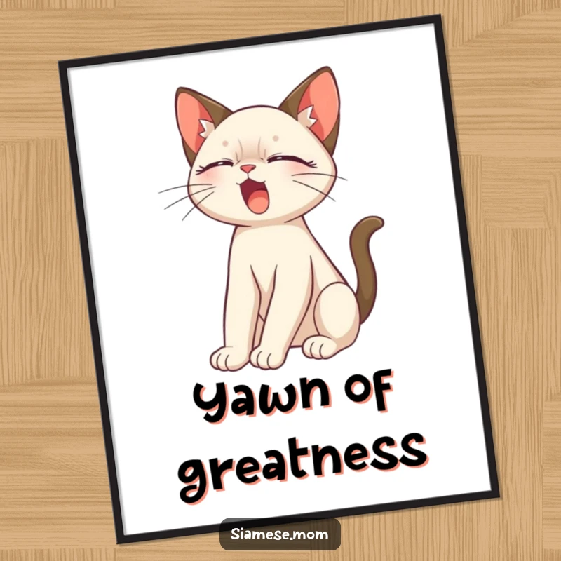 Funny Siamese Cat Poster featuring a cute Siamese cat stretching leisurely, perfect for adding charm to decor.