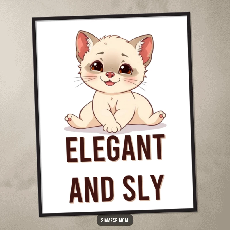 Funny Siamese cub stretching with elegant grace and a hint of mischief, a captivating digital art print for wall decor.