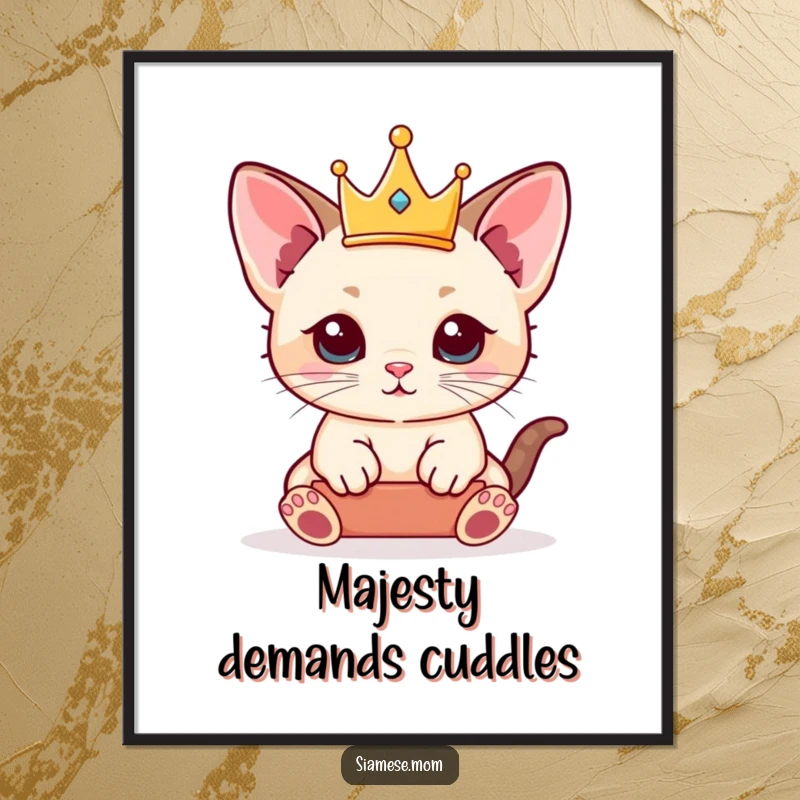 Funny Siamese Kitten Poster featuring a kawaii cat playfully balancing a tiny crown, adding a touch of royal charm.