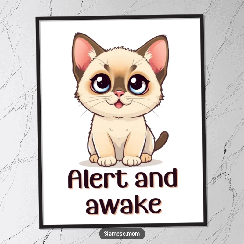 Funny Poster: A detailed artwork of a kawaii Siamese kitten with enormous, round eyes and a tiny, open mouth.