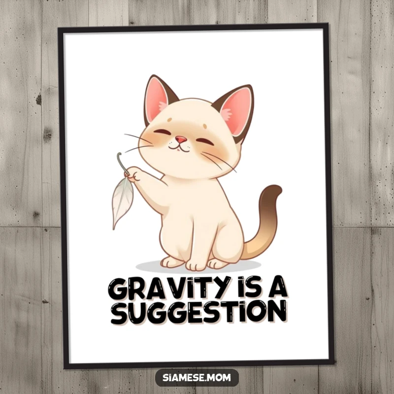 Funny Siamese Cat Poster: A Siamese cat is shown mid-bat, playfully engaging with a slowly falling feather, full of charm.