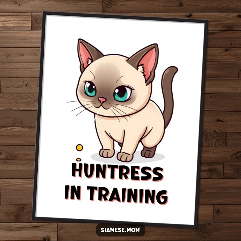 Funny poster showcasing a kawaii Siamese cat with intense, laser-like focus on a minuscule red dot, frozen in action.