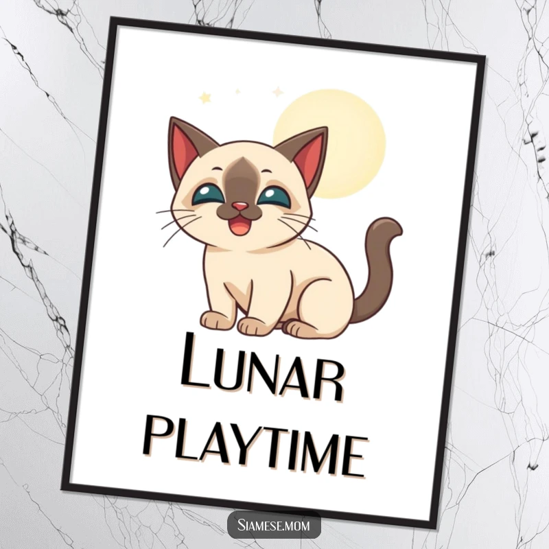 Funny stylized Siamese cat happily batting at glowing moonbeams, presented as charming wall art.