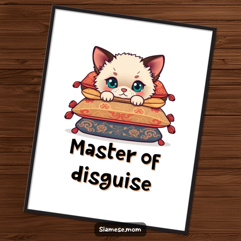 Funny Siamese cub humorously peeking from behind ornate cushions, a fluffy and cute kitten depicted in this charming wall art poster.