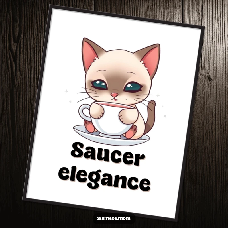 Cute poster art of a kawaii Siamese cat delicately sipping from a saucer, adding elegance and charm to walls.