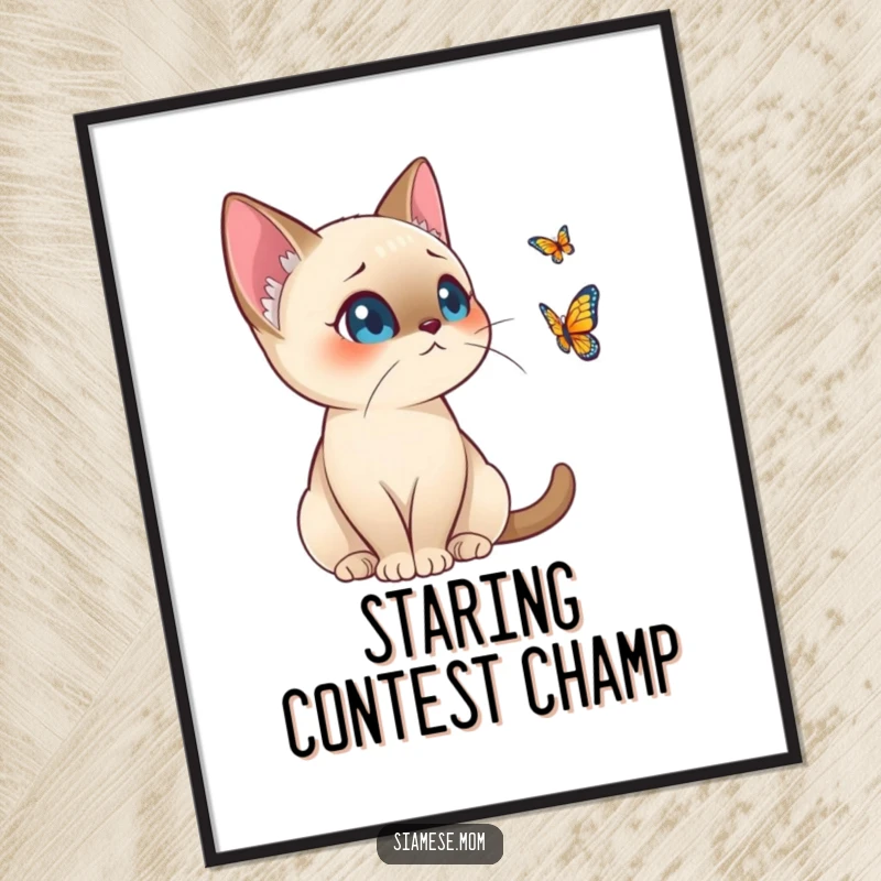 Funny Kawaii Siamese Cat Poster Alert Posture Watching Distant Butterfly, Humorous Wall Decor