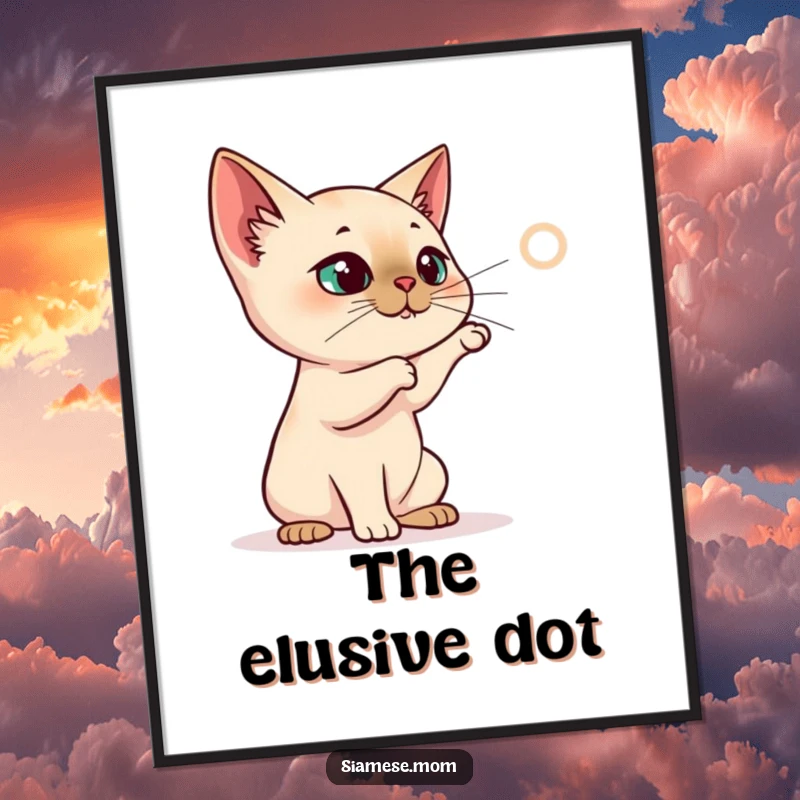 Funny Siamese Cat Poster, cat batting at a projected laser dot, dynamic and funny wall art for homes.