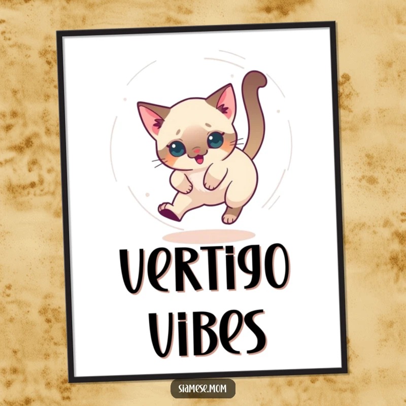 Funny poster of a kawaii Siamese cat chasing its tail in a dizzy circle, full of energetic and playful motion.