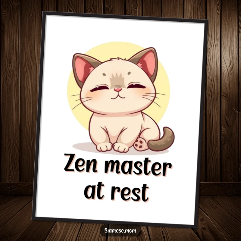 Funny poster featuring a kawaii Siamese cat in a state of serene bliss, basking contentedly in a warm sunbeam.
