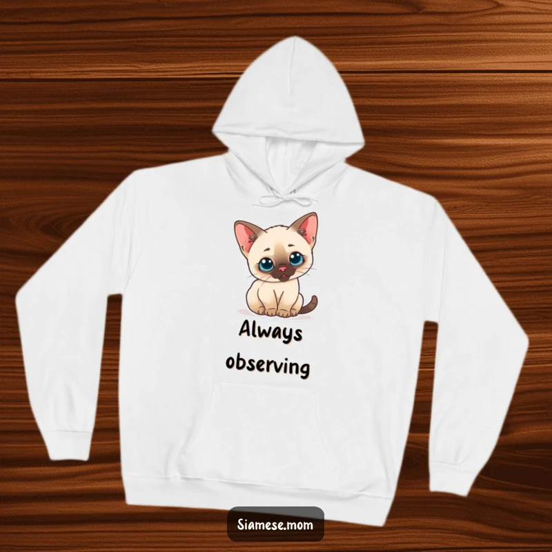 Funny hoodie with a cute kawaii Siamese cat arching its back curiously, ears perked, designed for cozy vibes.