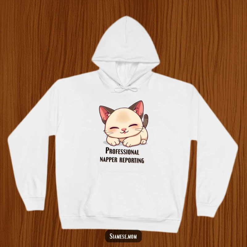 Funny Kawaii Siamese cat hoodie featuring a lazy, blissful stretch, offering ultimate comfort and a humorous touch for cat enthusiasts.