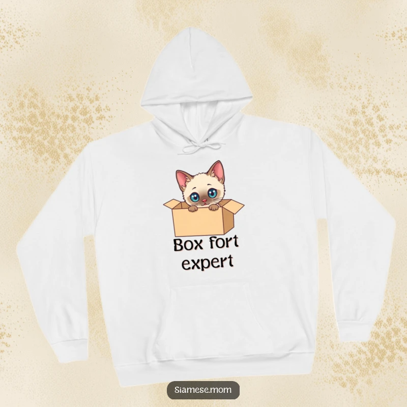 Funny Siamese Cat Hoodie: Cute kawaii cat, eyes wide with wonder, peeking from an open cardboard box, embodying playful exploration.