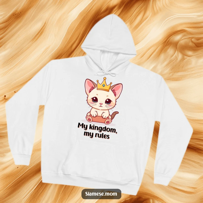 Funny Siamese Kitten Hoodie designed for comfort, featuring a kawaii cat balancing a tiny crown with playful elegance.