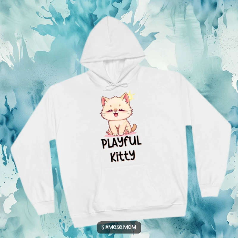 Funny hoodie featuring a fluffy Kawaii Siamese cat playfully batting at a sunbeam, perfect for cozy wear and expressing feline delight.
