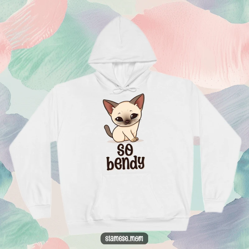 Funny Kawaii Siamese cat hoodie, elegantly stretching and arching its back with grace, a warm and humorous apparel choice.