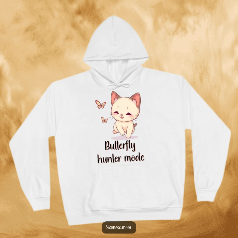 Funny Siamese Cat Butterfly Hoodie: Cozy apparel featuring an agile cat playfully chasing a delicate, sparkling butterfly.