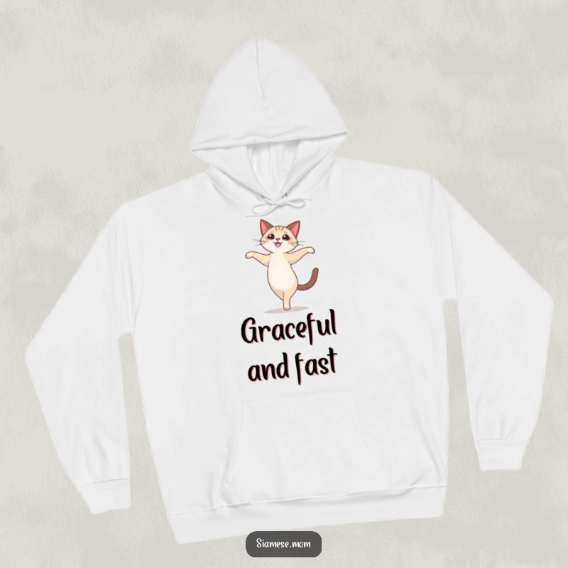 Funny cute Siamese cat character performing a joyful, ballet-like pirouette, featured on a warm hoodie.