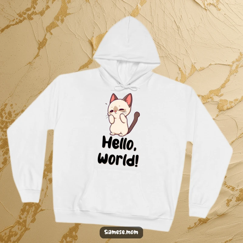 Funny hoodie featuring a kawaii Siamese cat in a playful greeting pose, offering cozy comfort and feline charm.