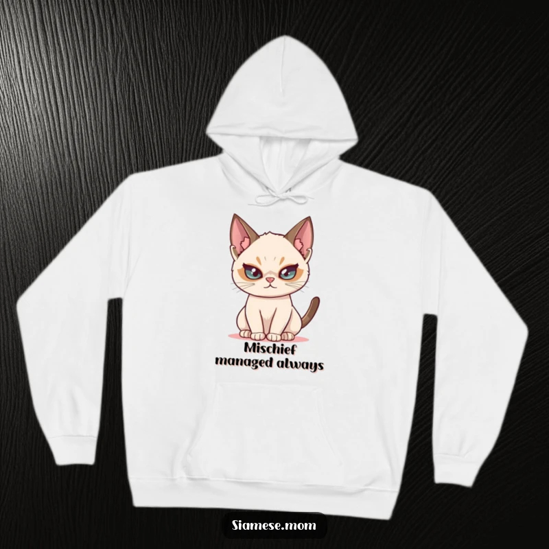 Funny Siamese cat hoodie, depicting a mischievous cat with a twinkle, combining comfort with playful intent.