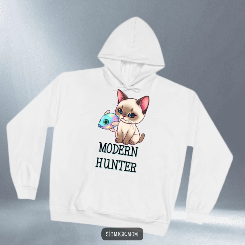 Funny Siamese Cat Hoodie, elegant cat batting at a holographic fish, cozy and imaginative funny gift.