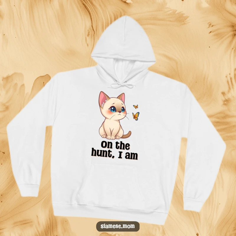 Funny Kawaii Siamese Cat Hoodie Alert Posture Watching Distant Butterfly, Warm Funny Gift