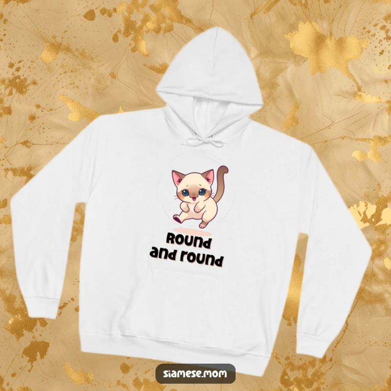 Funny hoodie with a kawaii Siamese cat chasing its tail in a dizzy circle, designed for cozy, playful vibes.