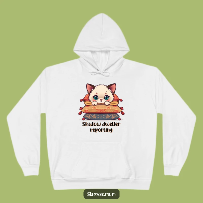 Funny Siamese Cub Hoodie: Cozy Kitten Hiding Behind Cushions Gift