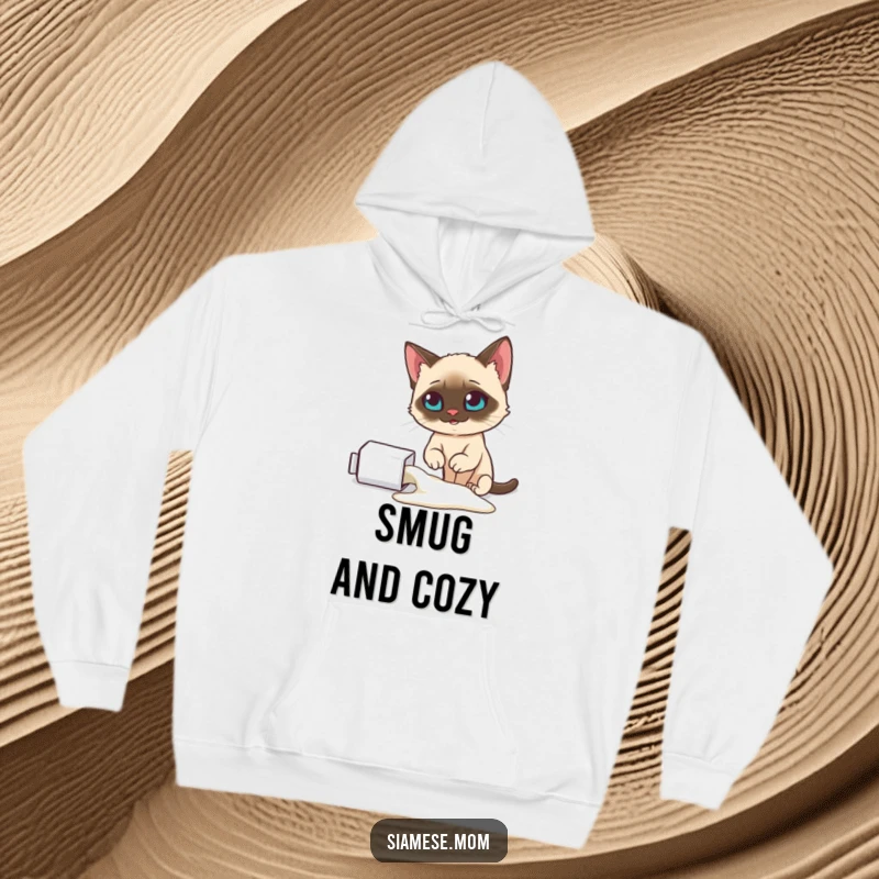 Funny Siamese cat hoodie, looking smugly at a spilled milk carton, embodying pet mischief, a great funny gift.